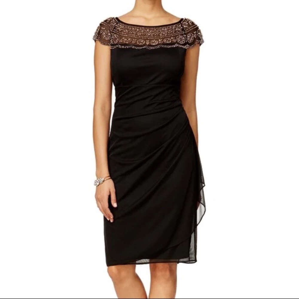 Sale MSK black and gold bead ruched sheath dress
